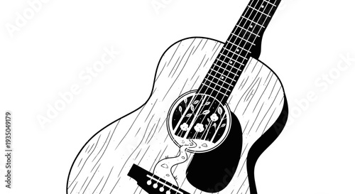 Black and white line art illustration of an acoustic guitar with detailed wood grain texture and decorative elements around the soundhole.