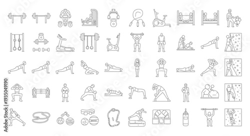 Collection of various icons depicting people, objects, and activities in a simple line art style