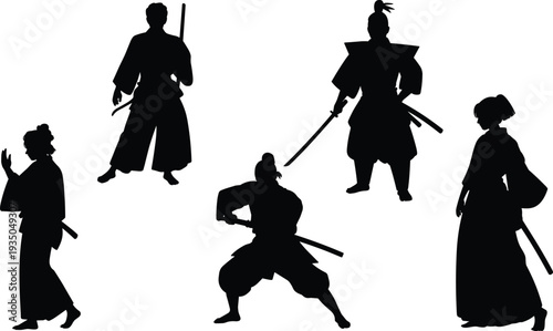 Samurai warrior silhouettes set with katana sword poses, traditional Japanese fighter characters vector illustration isolated on white background