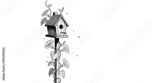 Detailed black and white illustration of a charming birdhouse on a pole, entwined with lush climbing vines and leaves, set against a clean white background.