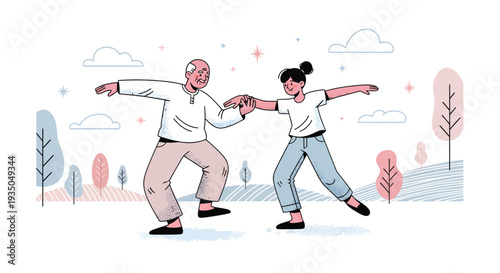 An older man and a younger woman practicing balance exercises together outdoors in a park, holding hands and extending their arms in a gentle, illustrative style.