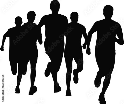Running people silhouettes group, marathon runners sprinting together, athlete training race action, fitness sport team, black vector illustration isolated