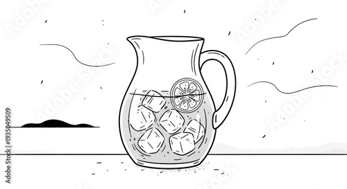 Line art illustration of a refreshing pitcher of iced lemonade with a lemon slice, perfect for summer refreshment.