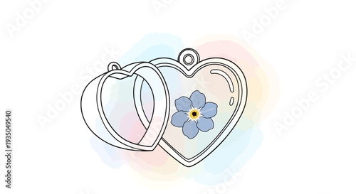 Line art illustration of two heart-shaped lockets, one containing a blue forget-me-not flower, against a soft watercolor background.