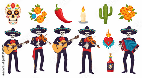 Day of the Dead Mariachi Skeletons and Traditional Mexican Elements Vector Set