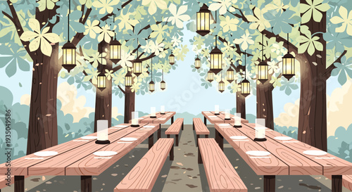 An outdoor dining area with long wooden tables and benches under trees adorned with glowing lanterns, creating a festive atmosphere.