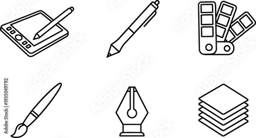 Collection of graphic design tools icons including drawing tablet pen color palette paintbrush nib pen and layers for digital art and creative concepts isolated on white