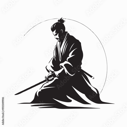 Man in Kimono Holding Sword Samurai Silhouette Vector