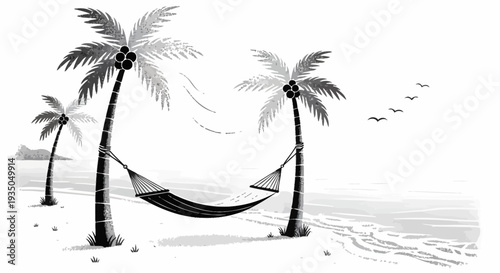Black and white illustration of a serene tropical beach scene with a hammock strung between two palm trees, footprints in the sand, and birds flying over the ocean.