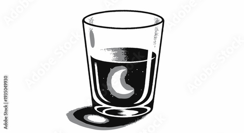 A glass with dark liquid reflecting a crescent moon shape, in a black and white graphic style.
