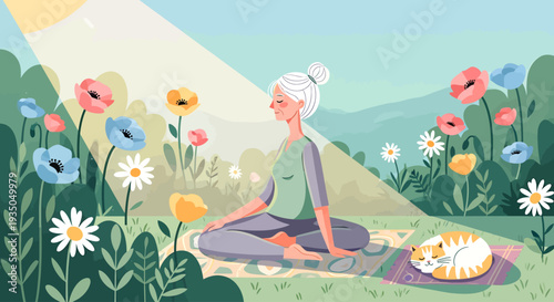 Elderly woman meditating peacefully outdoors in a vibrant flower garden with a sleeping cat under a ray of sunshine.