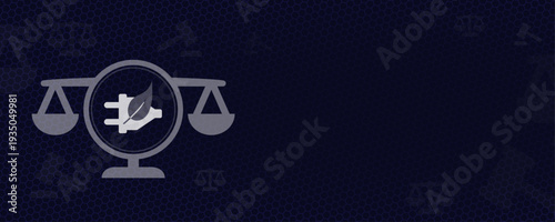 Energy Law and Renewable Power Regulations Scale Icon with Electric Plug Leaf and Copy Space Vector