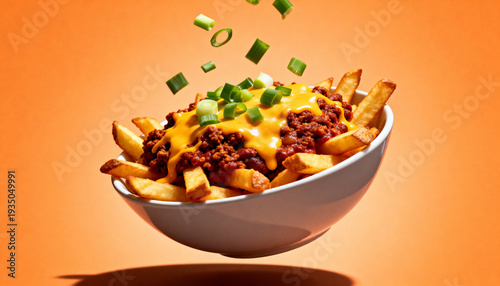 High-resolution food photography of a centered bowl filled with chili cheese fries, topped with green onions, against a vibrant orange background, showcasing delicious comfort food