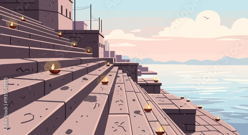 Stylized illustration of stone ghats adorned with glowing diyas at sunset, leading to a calm river with distant buildings and soft clouds.