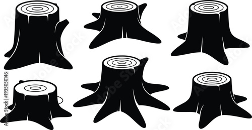 Black and white tree stump silhouette collection, minimalist wood log vector set with cut trunk illustrations, forestry clipart design for nature, lumber, and deforestation concepts.
