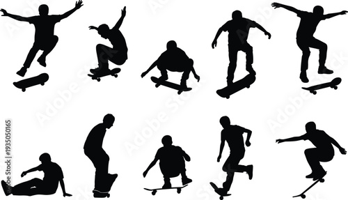 Skateboarder silhouettes performing tricks and jumps, extreme skateboarding action poses collection vector illustration isolated on white background