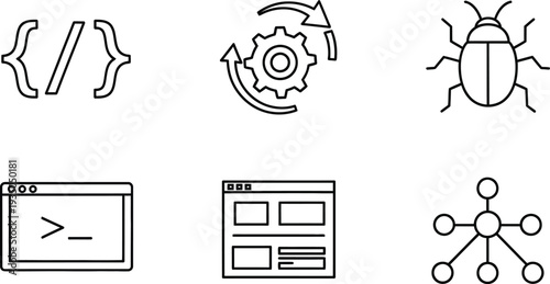 Set of programming and development icons including code brackets gears bug terminal and network symbols for software design and technology concepts isolated on white