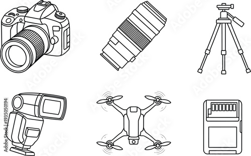 Collection of professional photography equipment icons including camera lens tripod flash drone and memory card for graphic design and technology concepts isolated on white