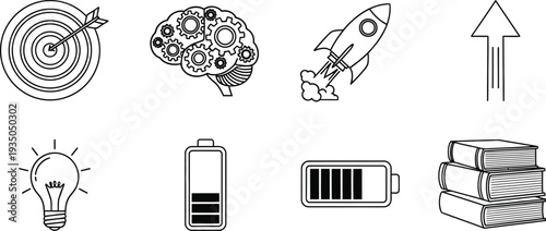 Collection of business and startup concept icons including target brain gears rocket launch and progress bars for web and app design