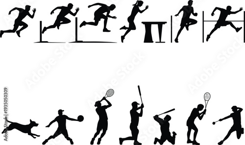Sports activity silhouettes set with runners hurdles tennis baseball and dog running, athletic training action collection, black vector illustration isolated