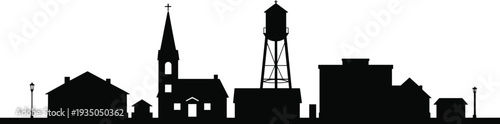 Small town skyline silhouette with church steeple water tower houses and street lamps, rural cityscape horizon, black vector illustration