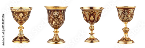 Four Antique Ornate Gold and Brown Goblets and Chalices isolated on transparent background