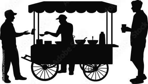Street food vendor cart silhouette scene, man selling snacks to customers at market stall, urban food service vector illustration