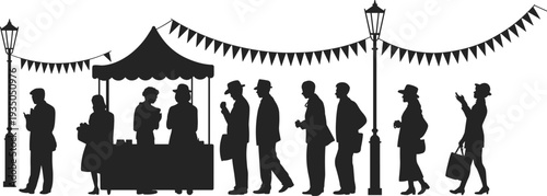 Street market people silhouettes with food stall and customers queue, outdoor fair shopping scene vector illustration isolated on white