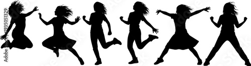 Girl dancing silhouettes collection showing jumping, running and energetic dance poses isolated on white background, female dancer vector illustration set