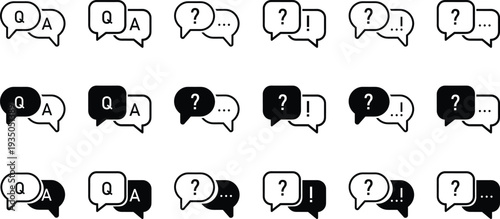Various speech bubbles with question marks in different colors and orientations