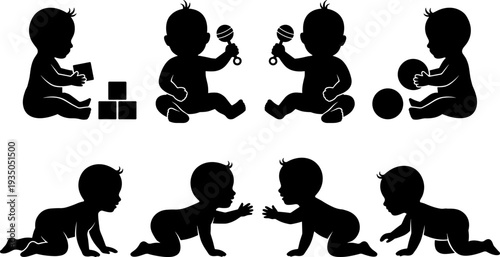 Baby silhouettes collection showing sitting, crawling and playing with toys isolated on white background, cute child activity vector illustration