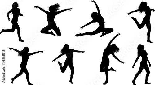 Woman dancing silhouettes collection showing jumping, running and expressive dance poses isolated on white background, female dancer vector illustration set