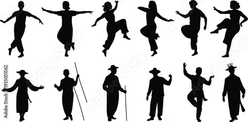 Traditional folk dance silhouettes collection, cultural dancers performing ethnic choreography in costume, heritage celebration movement isolated black figures vector set