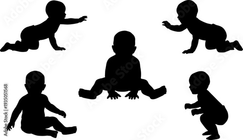 Baby silhouettes collection showing crawling, sitting and squatting infant poses isolated on white background, cute child activity vector illustration