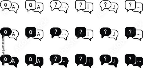 Various speech bubbles with question marks in black and white