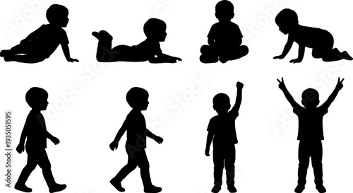 Baby and toddler silhouettes collection showing crawling, sitting, walking and standing children isolated on white background, child growth vecto
