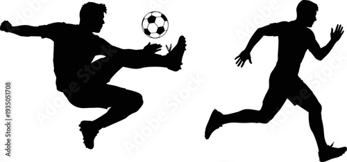 Soccer player silhouettes showing running athlete and kicking football isolated on white background, sport action vector illustration set