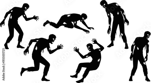 Zombie silhouettes collection showing walking, crawling and attacking undead monsters isolated on white background, horror halloween vector illustration set