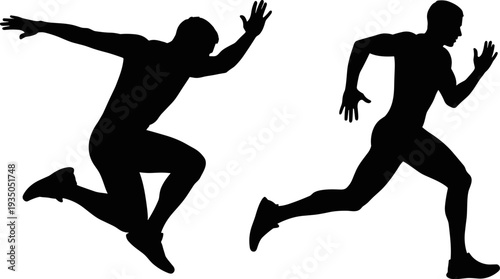 Running athlete silhouettes showing sprinting and jumping sportsman isolated on white background, fitness training action vector illustration set