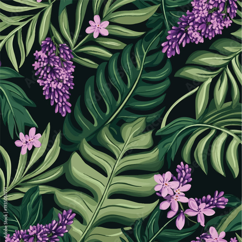  Vibrant tropical foliage pattern with purple flowers and lush green leaves.