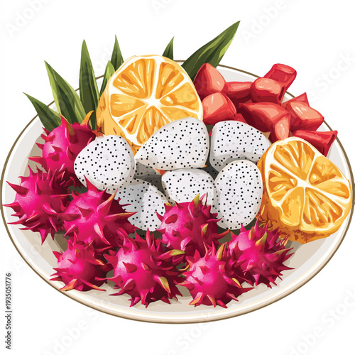 Vibrant Tropical Fruit Platter with Dragon Fruit and Citrus Slices.