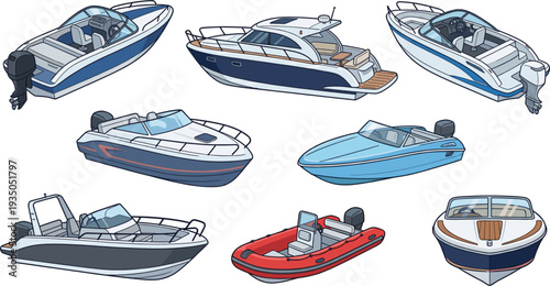 Modern Motorboats and Speedboats Collection Marine Watercraft Set for Recreation Fishing and Coastal Travel Flat Cartoon Vector Illustration