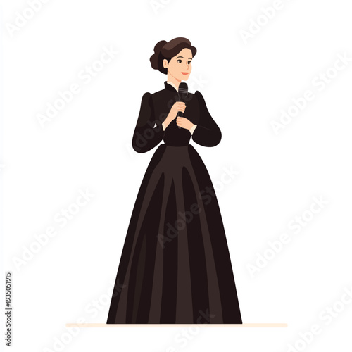 Victorian Woman in Black Dress Standing Thoughtfully