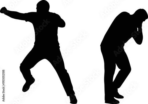 Boxing fighter silhouettes showing punching and defensive stance isolated on white background, combat sport athlete action vector illustration set