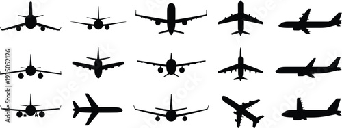 Silhouette airplane collection, aviation vector design, black aircraft illustration, flight transport artwork, aviation concept, jet profile icons, air travel set