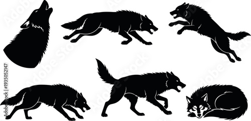 Wolf silhouettes collection showing howling, running, jumping and resting wolves isolated on white background, wild predator animal vector illustration set