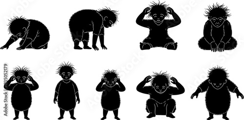 Cartoon cave boy silhouettes collection showing different poses, primitive child character set isolated on white background, cute prehistoric vector illustration