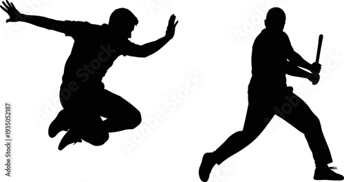 Baseball player silhouette set, jumping athlete and batter swinging bat isolated on white background, sports action vector illustration