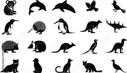 Silhouette Australian animals collection, wildlife vector design, black illustration artwork, native fauna concept, kangaroo koala icons, nature artwork set