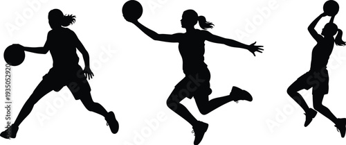 Women basketball player silhouettes set, female athlete dribbling jumping shooting poses, sport action figures, black vector illustration isolated